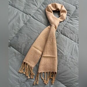 Gold and Cream Herringbone Scarf with Fringe